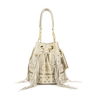 La Carrie YLEM910-2 Ivory Crystal Fringe Bucket Bag