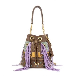 La Carrie YLEM910-3 Brown Purple Fringe Bucket Bag