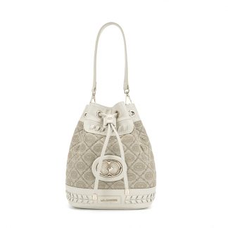 La Carrie YLMB14-1 Ivory Monogram Drawstring Bucket Bag