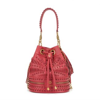 La Carrie YLEM115 Pink Studded Fringe Bucket Bag
