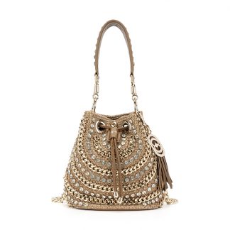 La Carrie YLEM907 Beige Woven Crystal Bucket Bag
